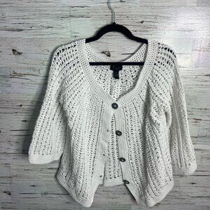 Pure hand knit White Cardigan Sweater with Open-Weave Pattern size l/xl